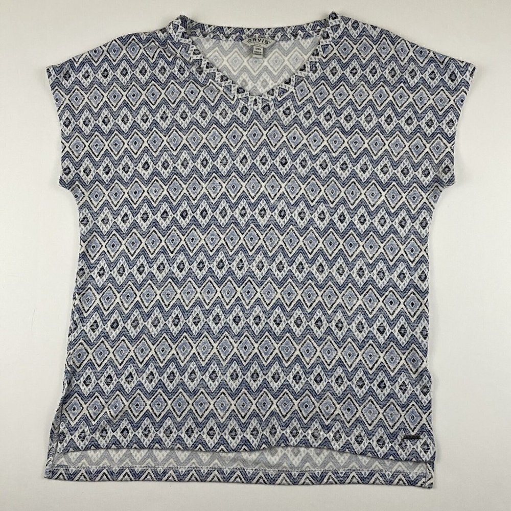 Orvis Short Sleeve T-Shirt Women’s S Polyester Blend Stretch V-Neck Diamond Blue